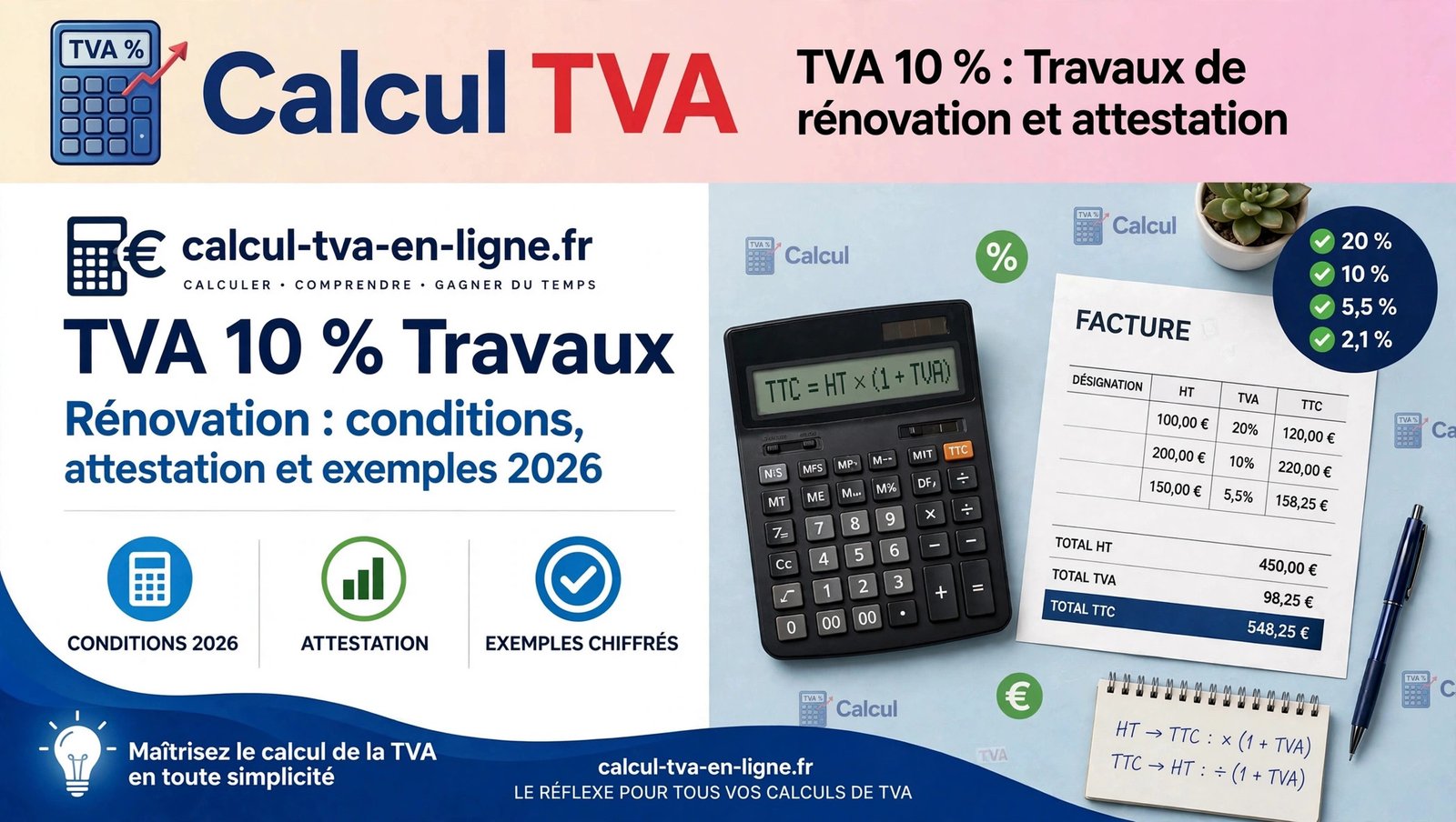 TVA 10 travaux rénovation : conditions et attestation 2026