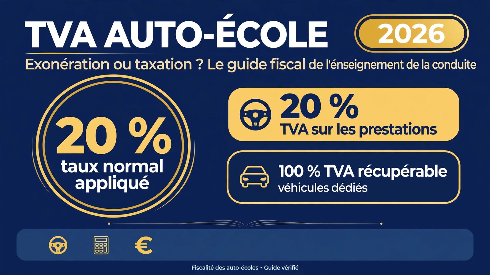 Infographie TVA auto-école 2026 : taux de 20 % sur les prestations et TVA récupérable sur les véhicules dédiés à l'enseignement de la conduite