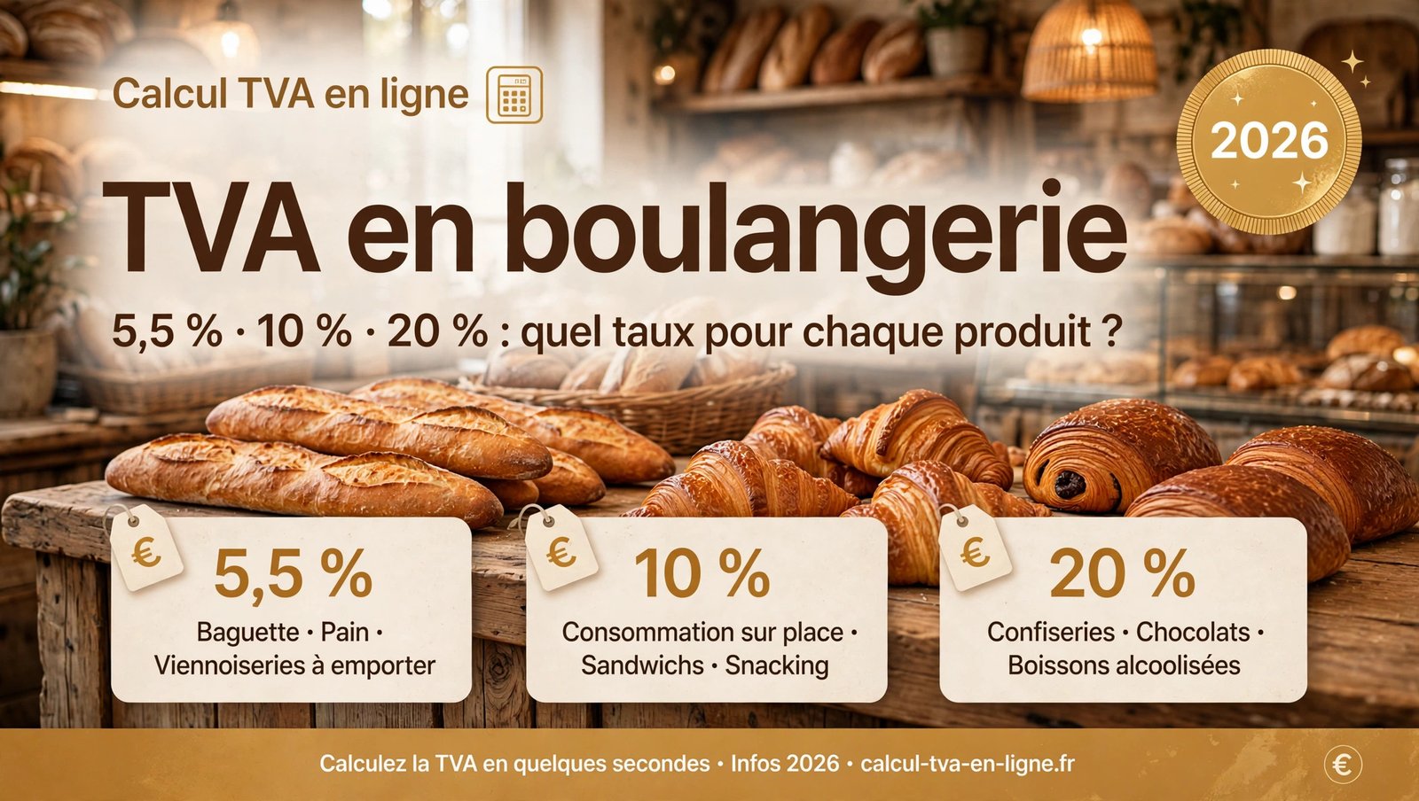 Infographie 2026 des taux de TVA en boulangerie : 5,5 %, 10 % et 20 % selon les produits et la consommation sur place ou à emporter.
