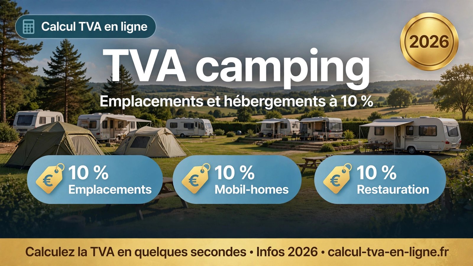 Carte illustrée des taux de TVA applicables au camping en 2026 : 10 % sur les emplacements, les mobil-homes et la restauration.