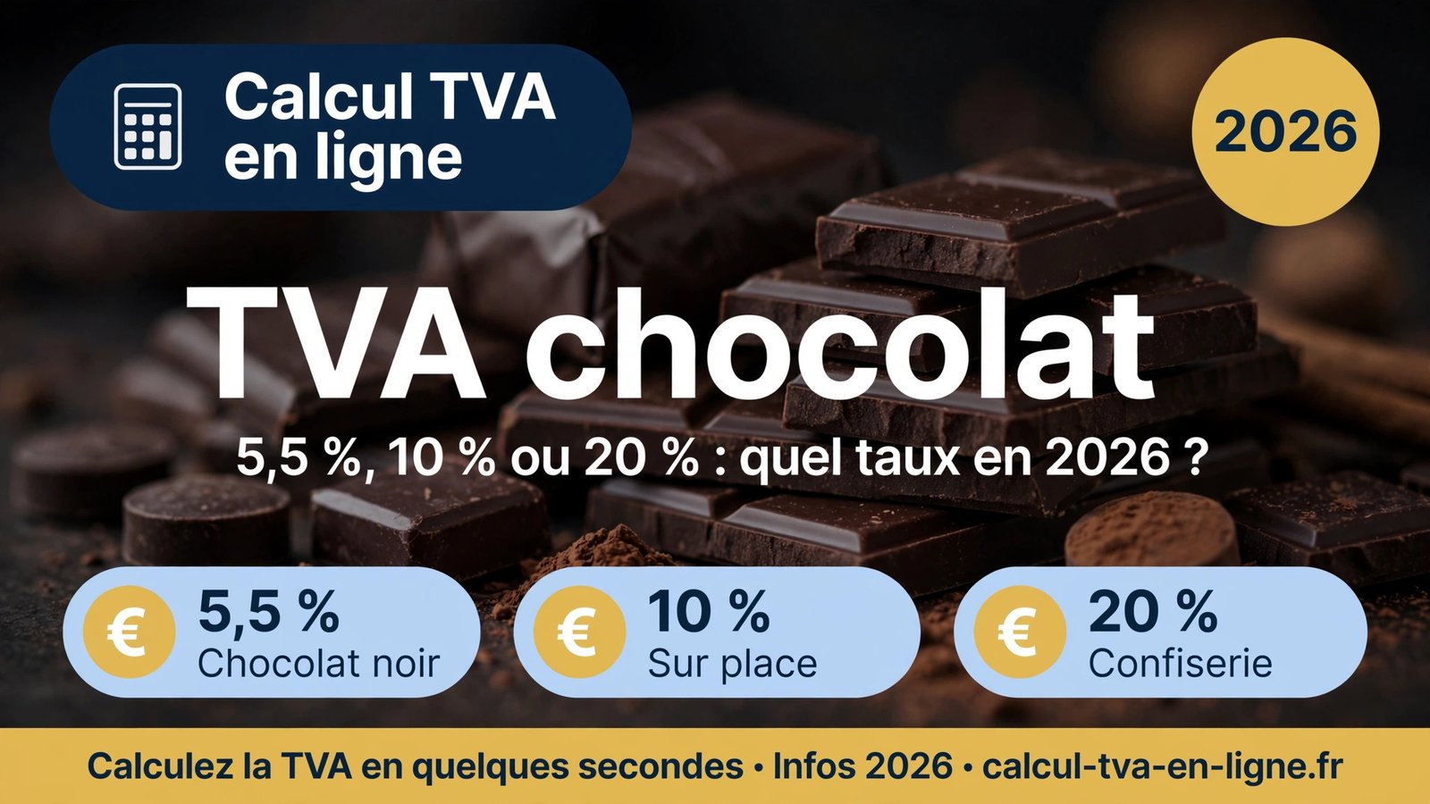 Infographie TVA chocolat 2026 : 5,5 % pour le chocolat noir, 10 % sur place, 20 % pour la confiserie