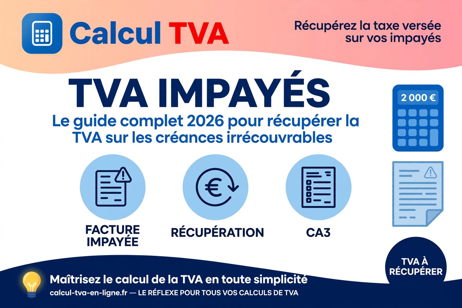 Infographie du guide 2026 : comment récupérer la TVA impayés sur une facture irrécouvrable et l'imputer sur la déclaration CA3