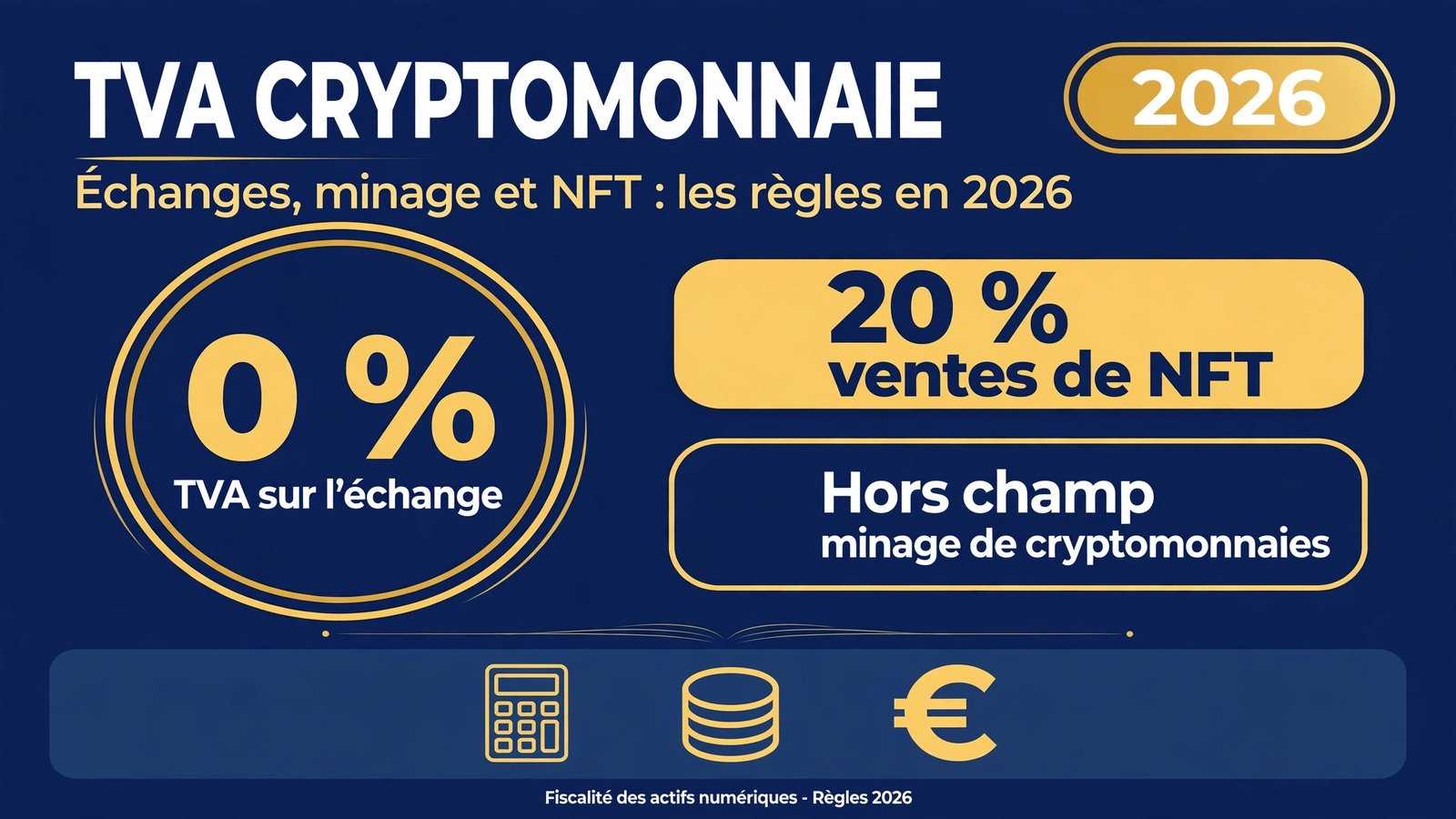Infographie TVA cryptomonnaie 2026 : 0 % de TVA sur l'échange, 20 % sur les ventes de NFT, minage hors champ