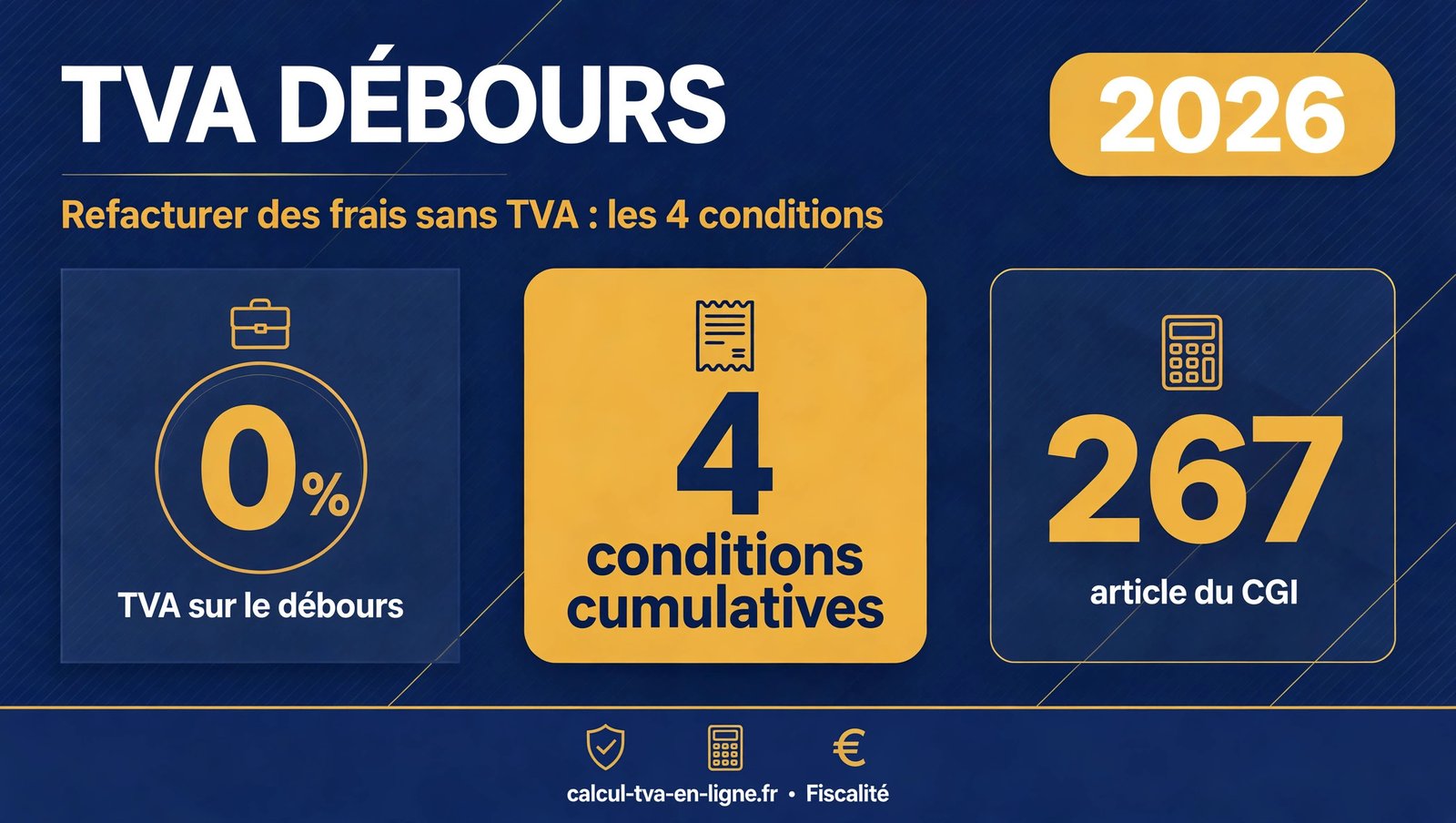 Infographie TVA débours 2026 : 0 % de TVA sur le débours, 4 conditions cumulatives, article 267 du CGI