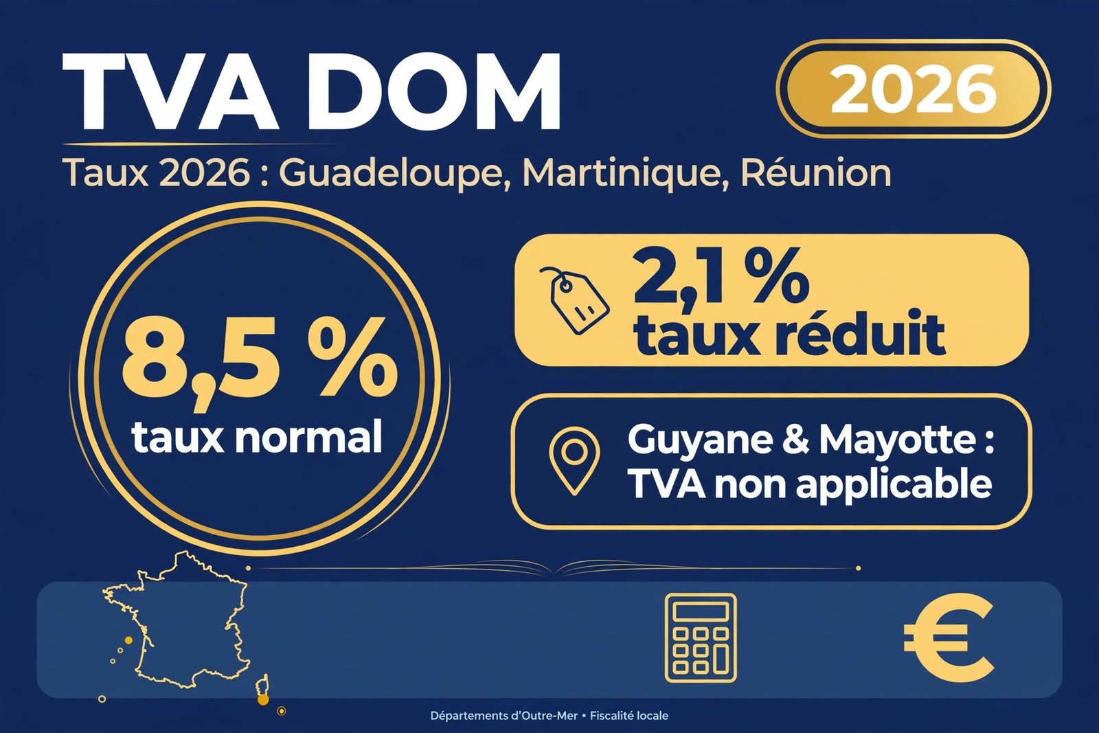 Infographie des taux de TVA DOM 2026 : 8,5 % en Guadeloupe, Martinique et à La Réunion, TVA non applicable en Guyane et à Mayotte