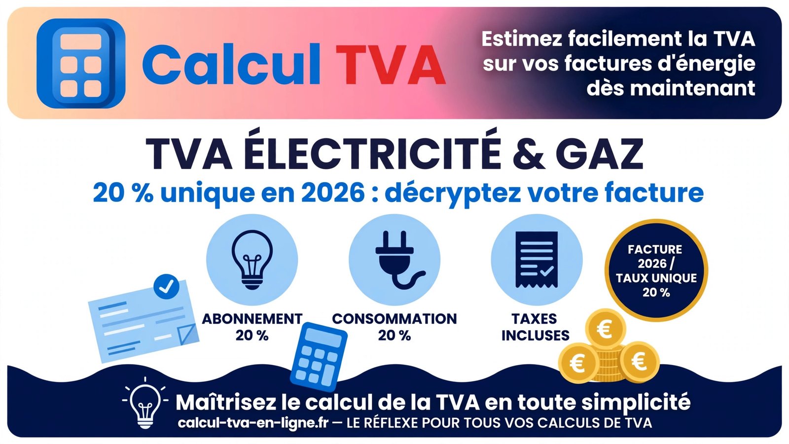 Infographie expliquant le calcul de la TVA électricité et gaz sur la facture d'énergie en 2026 : taux unique de 20 %, fin du 5,5 % sur l'abonnement et tableau prix HT, TVA et prix TTC.