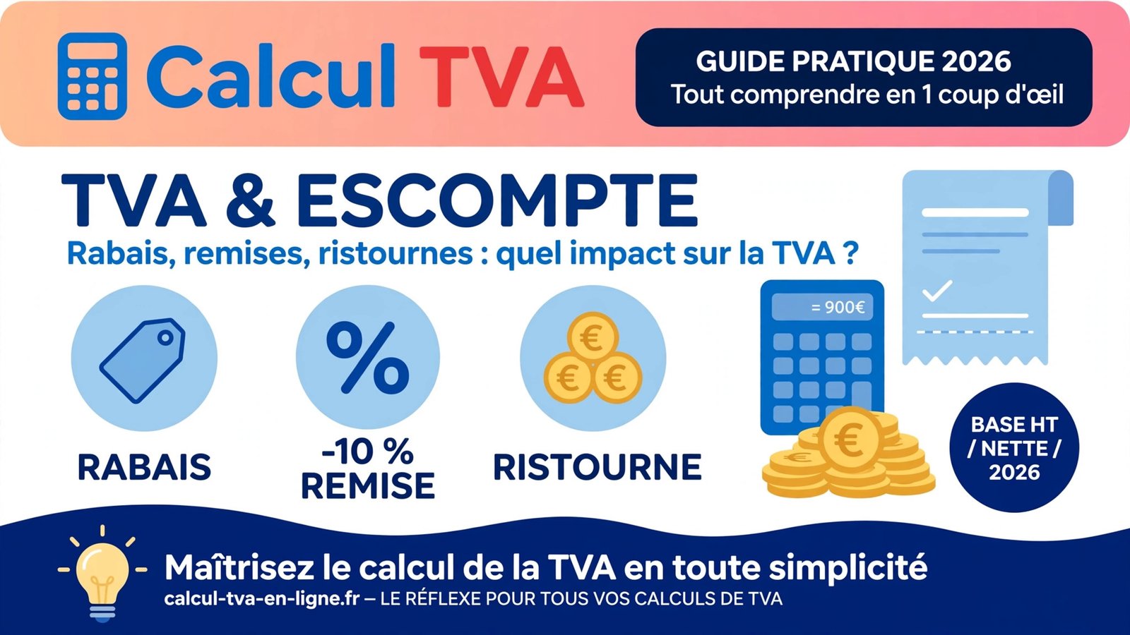 Infographie expliquant le calcul de la TVA avec escompte, rabais, remises et ristournes sur la base HT nette.