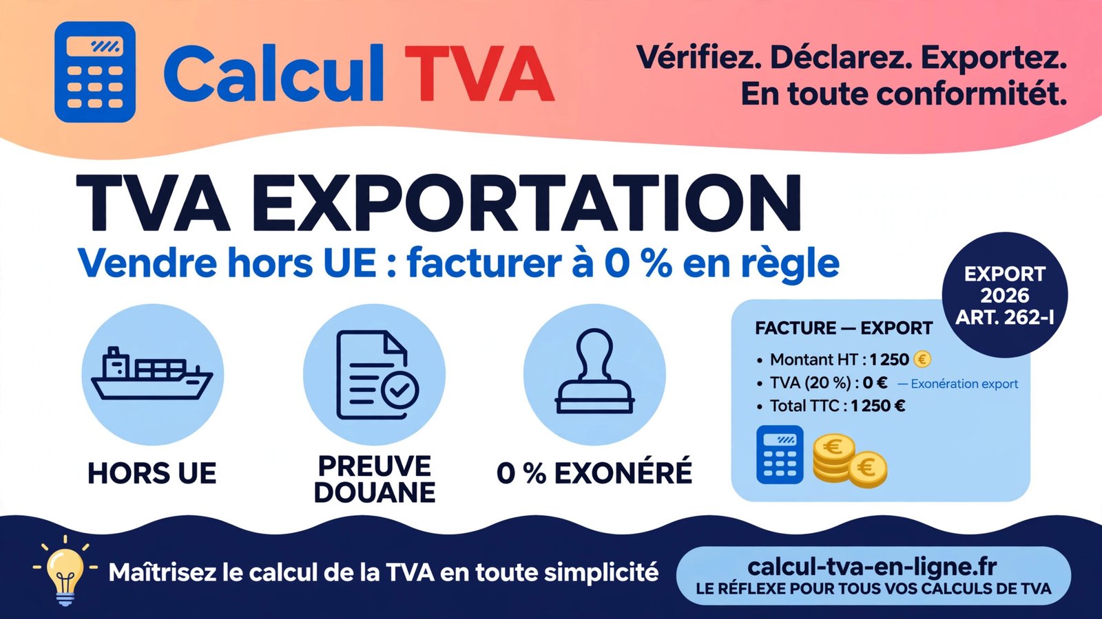 Infographie : guide TVA exportation 2026 pour vendre hors UE et facturer à 0 % avec les preuves douanières requises.