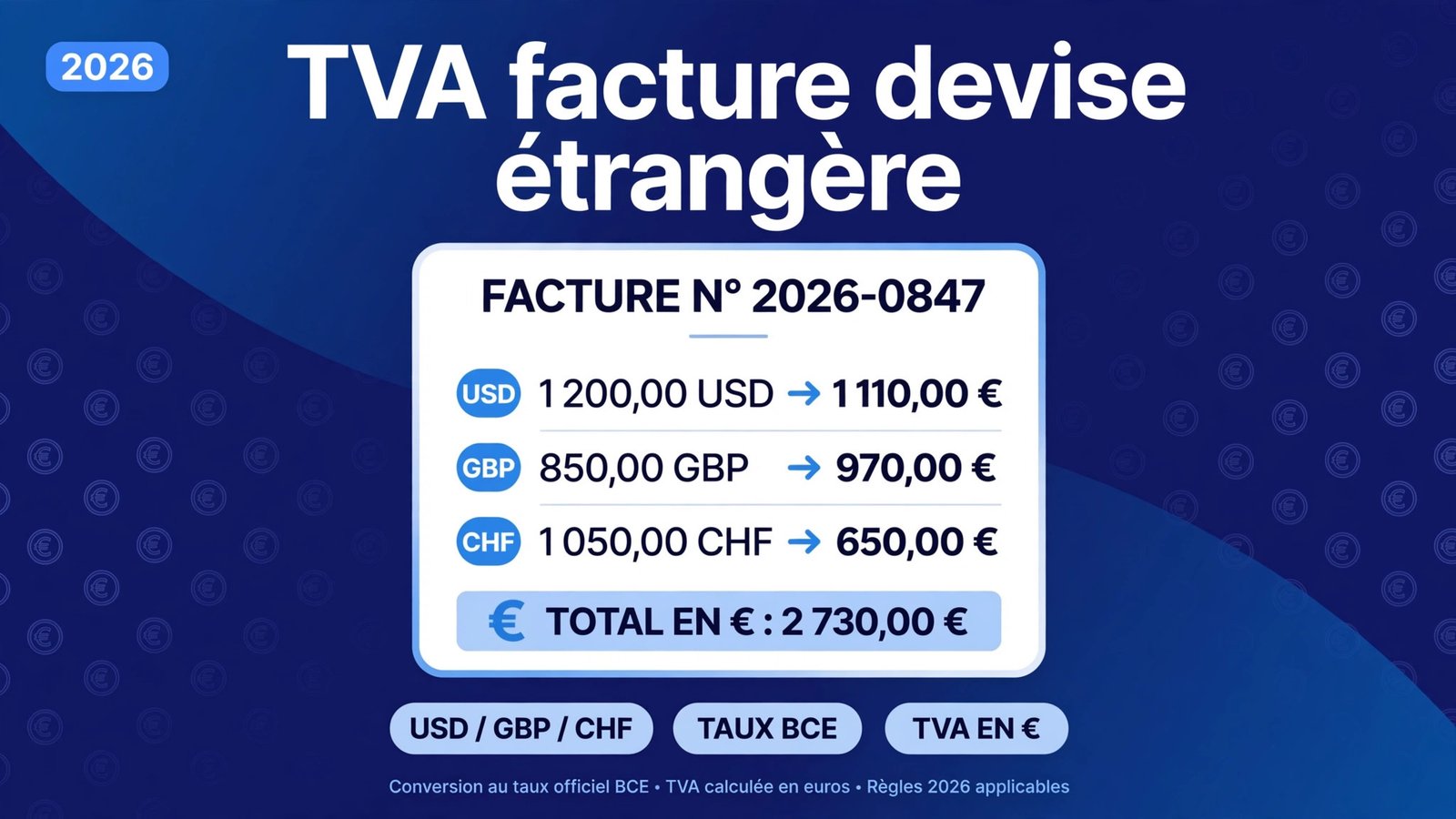 Infographie TVA facture devise : conversion d'une facture USD GBP CHF en euros au taux BCE 2026