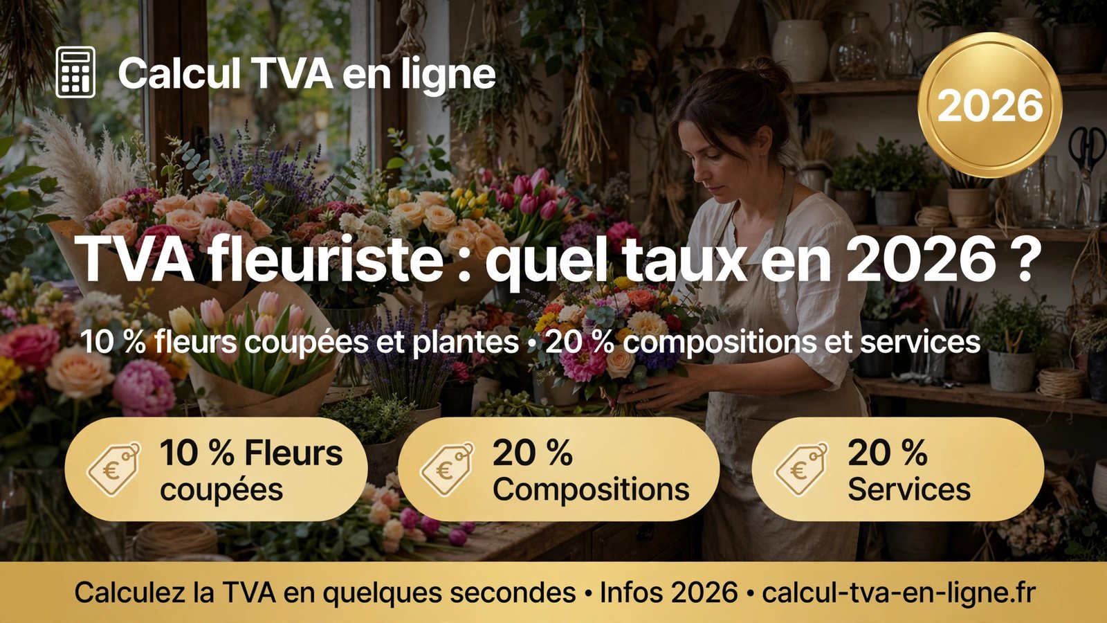 Infographie 2026 sur la TVA fleuriste : taux de 10 % pour les fleurs coupées et les plantes, taux de 20 % pour les compositions et les services.