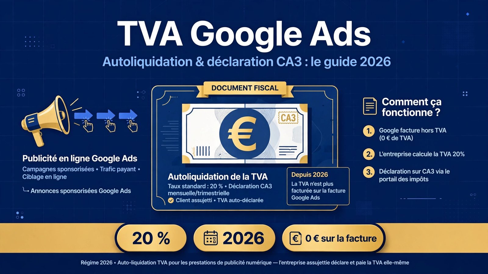 Infographie TVA Google Ads : autoliquidation à 20 %, déclaration CA3 et guide 2026