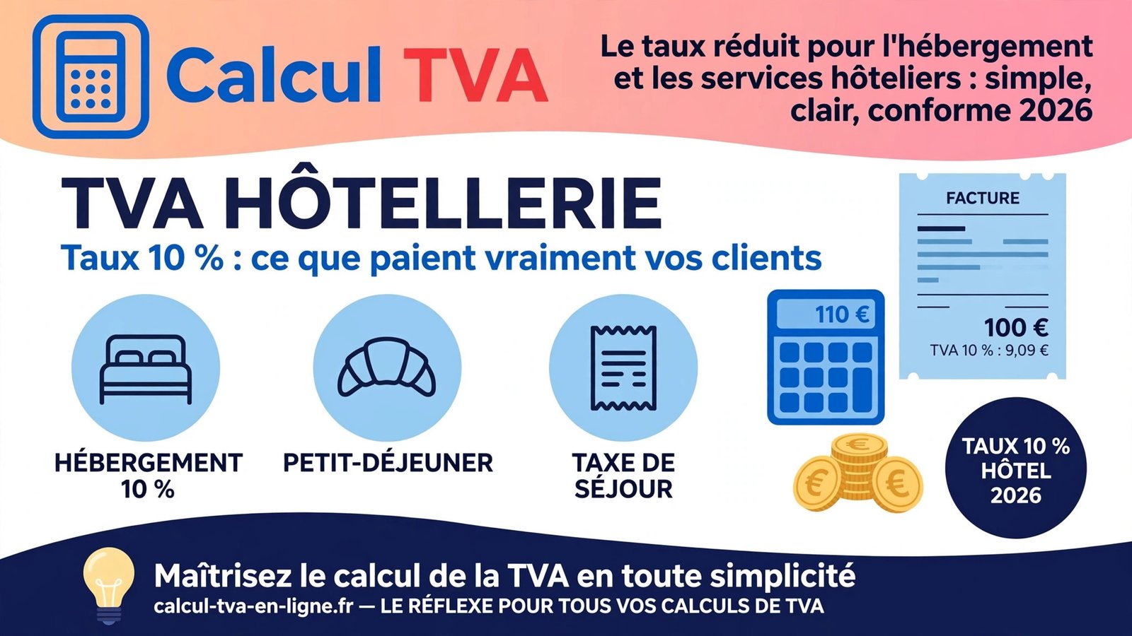 Infographie expliquant la TVA hôtel 2026 : hébergement à 10 %, petit-déjeuner et taxe de séjour.
