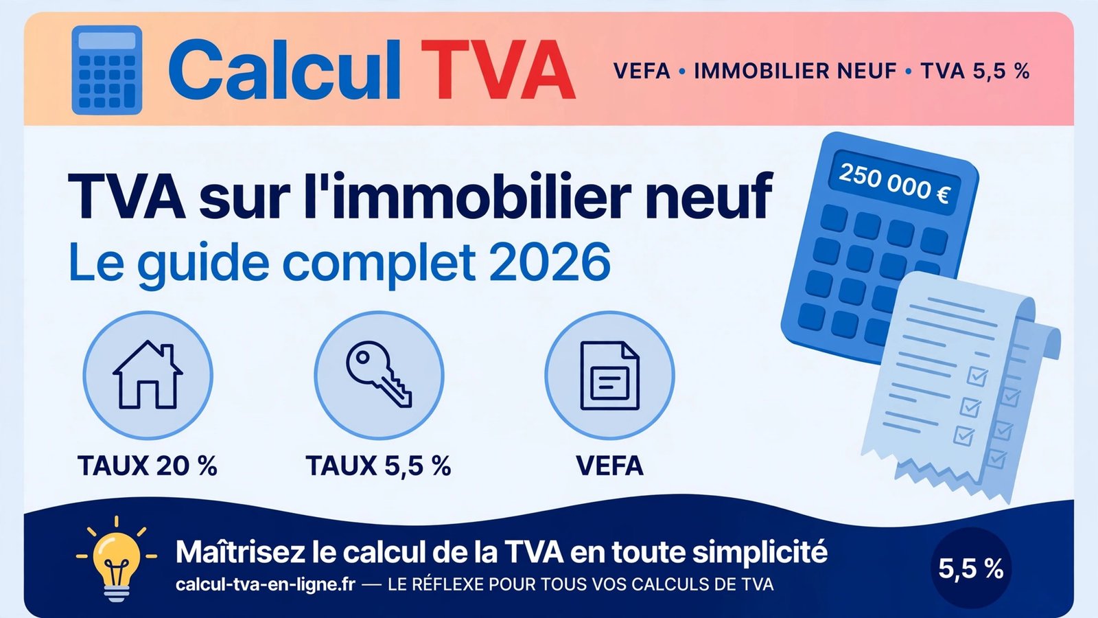 Guide 2026 — calcul de la TVA sur l'immobilier neuf (taux 20 % et 5,5 %)