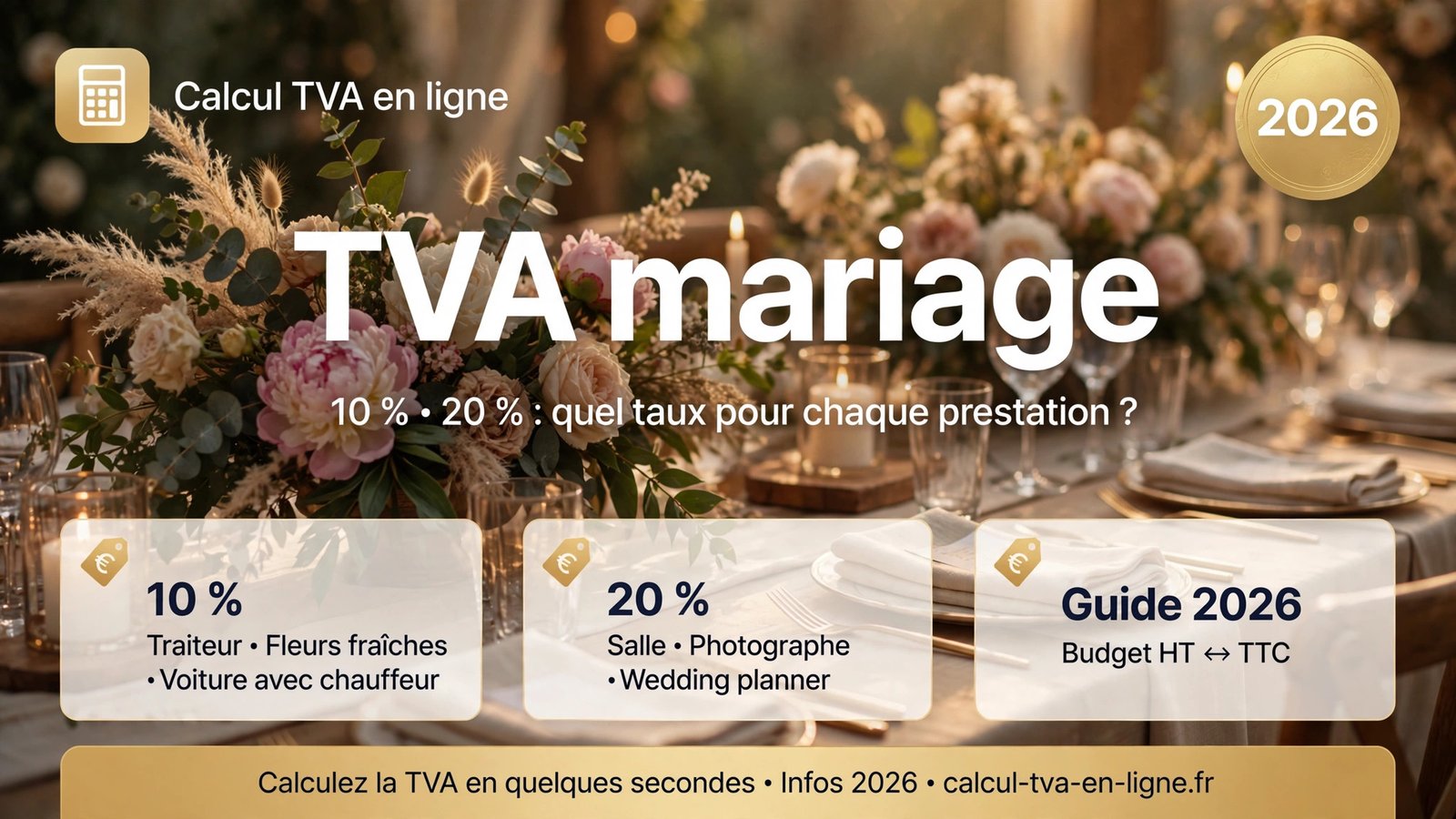 TVA mariage : taux de TVA par prestataire en 2026 — traiteur, photographe, salle, wedding planner