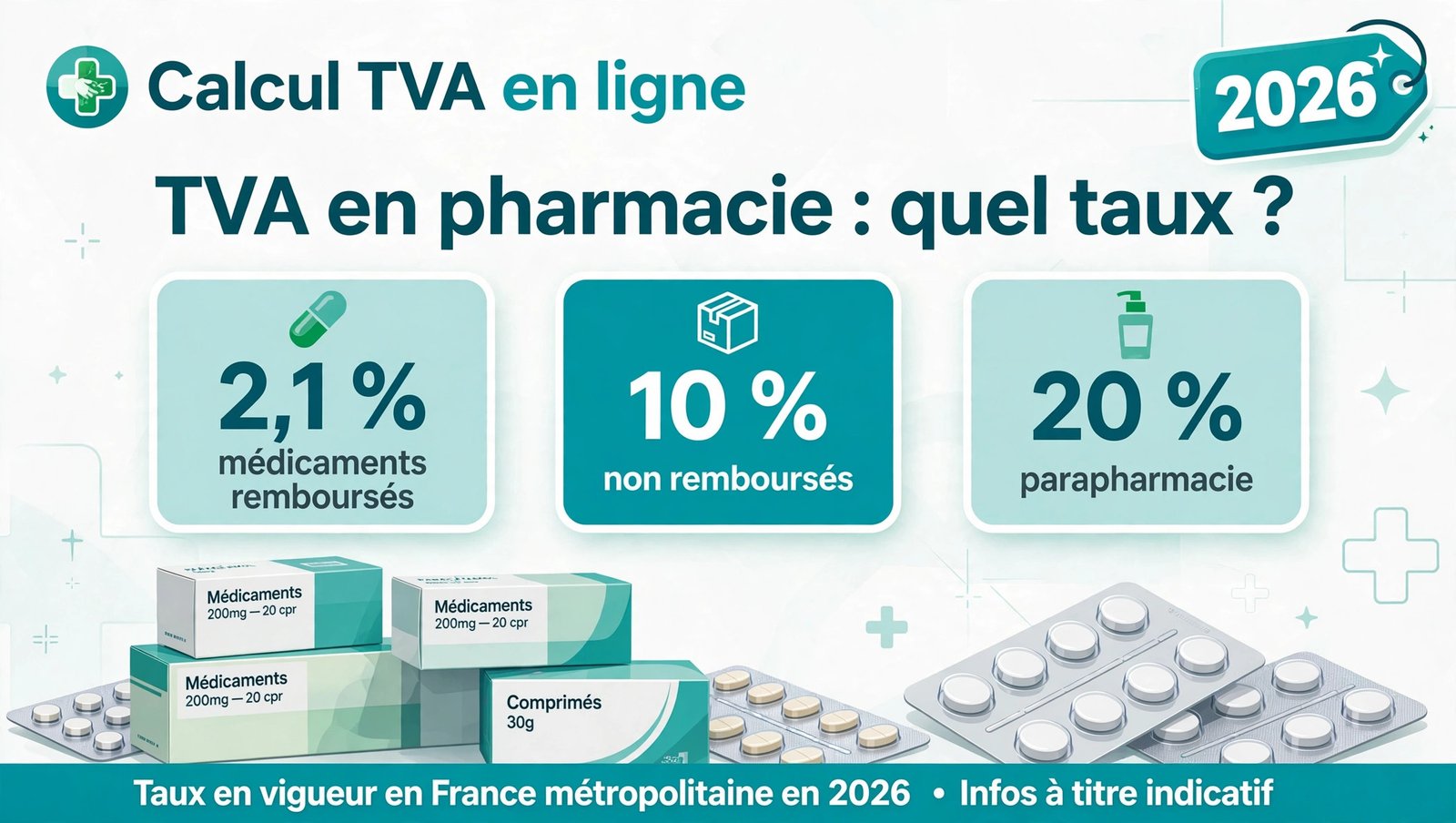 Taux de TVA en pharmacie en 2026 : médicaments remboursés 2,1 %, non remboursés 10 %, parapharmacie 20 %