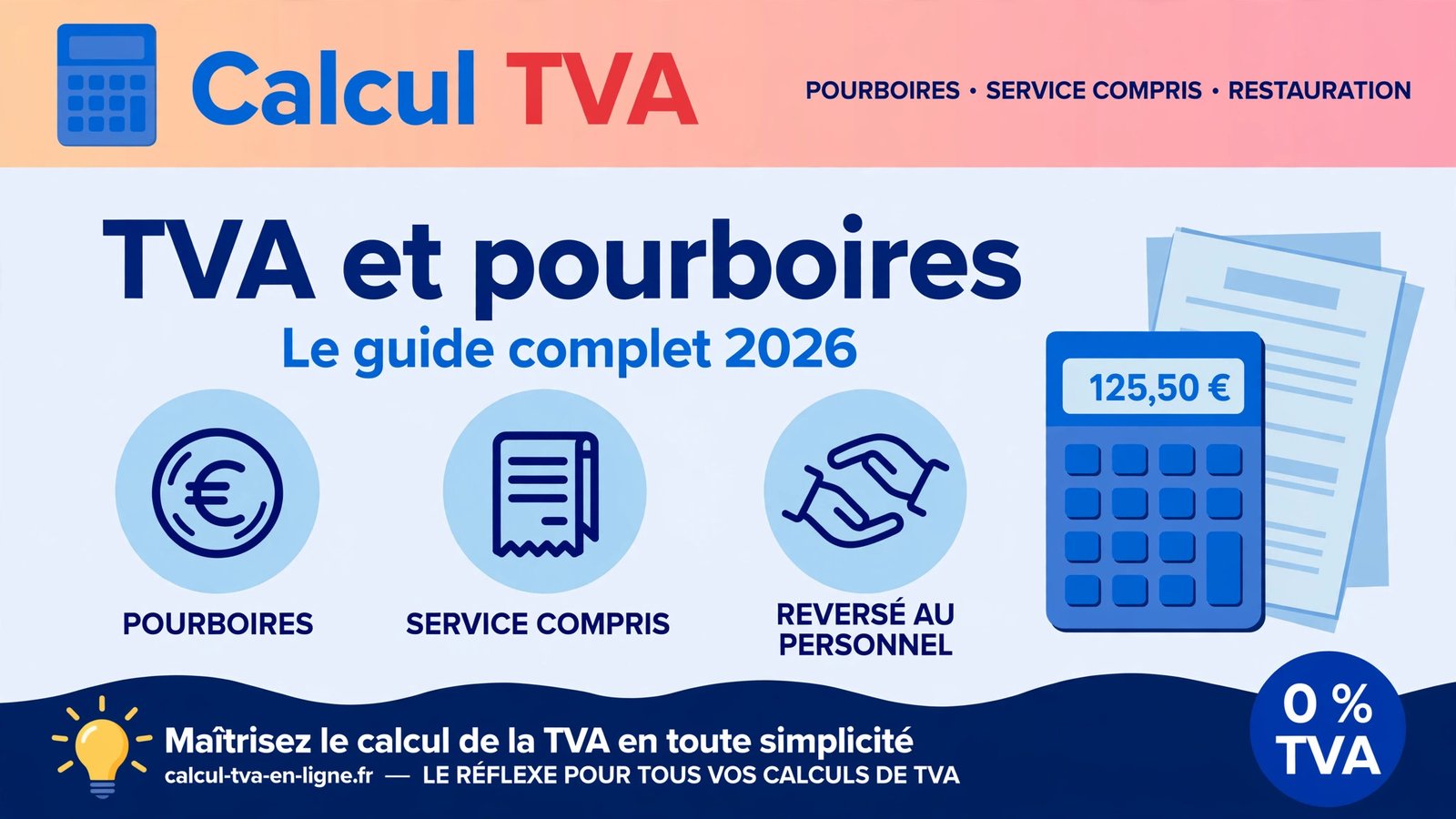Infographie TVA et pourboires 2026 : pourboire hors TVA, service compris à 10 % et reversement intégral au personnel
