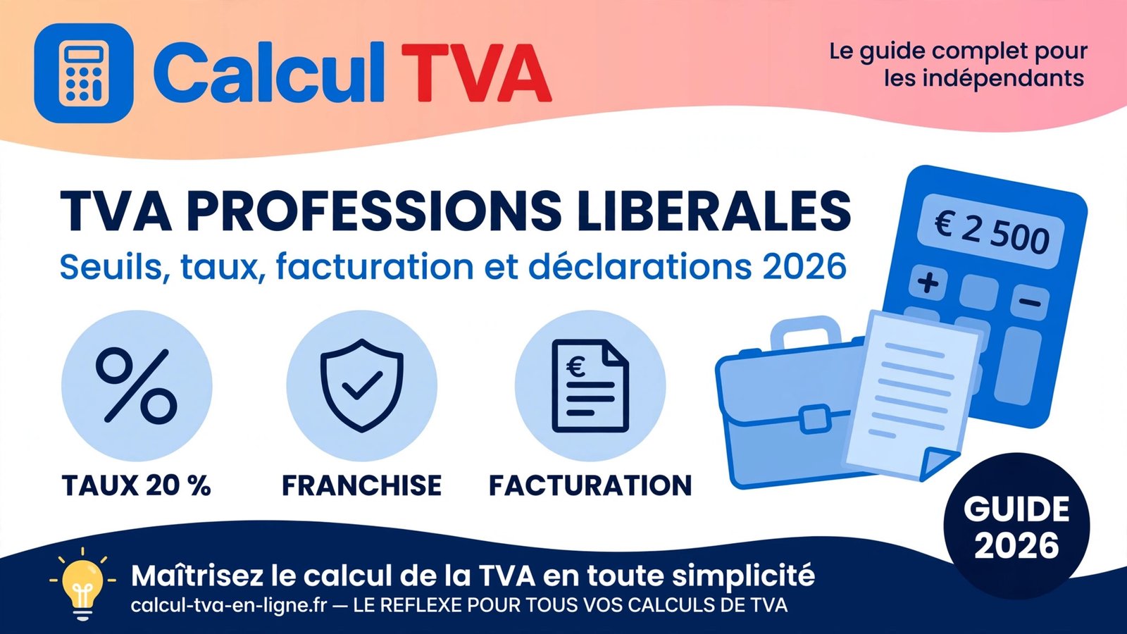 Infographie TVA professions libérales : seuils, taux 20 %, franchise et facturation en 2026
