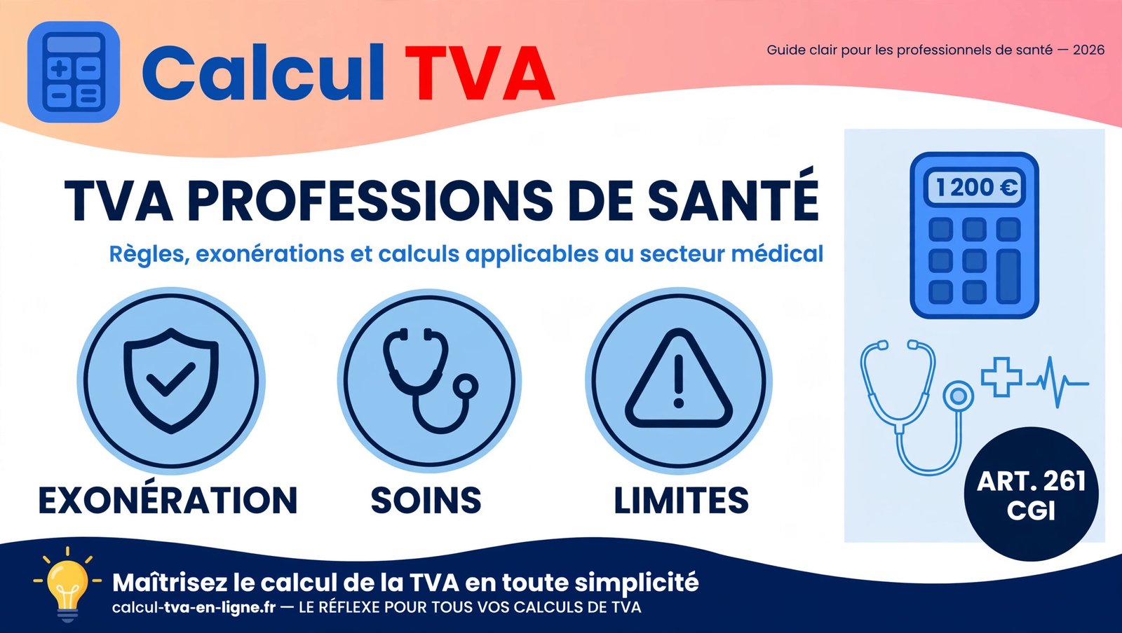 Infographie sur l'exonération de TVA des professions de santé : stéthoscope, calculatrice affichant un montant en euros et badge article 261 du CGI