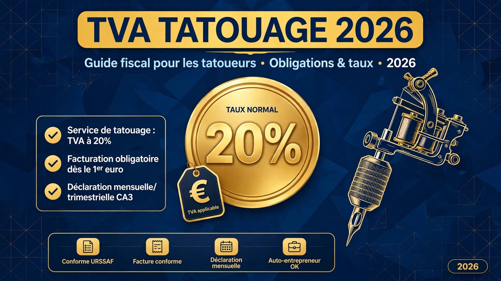 Infographie TVA tatouage 2026 : taux normal de 20 % pour les prestations des tatoueurs