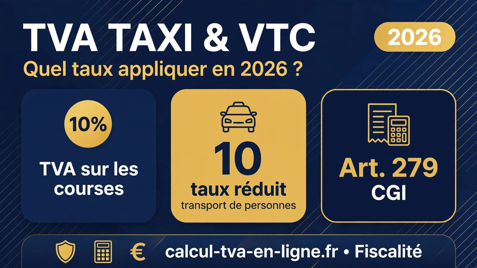 Infographie TVA taxi et VTC 2026 : taux réduit de 10 % pour le transport de personnes, article 279 du CGI