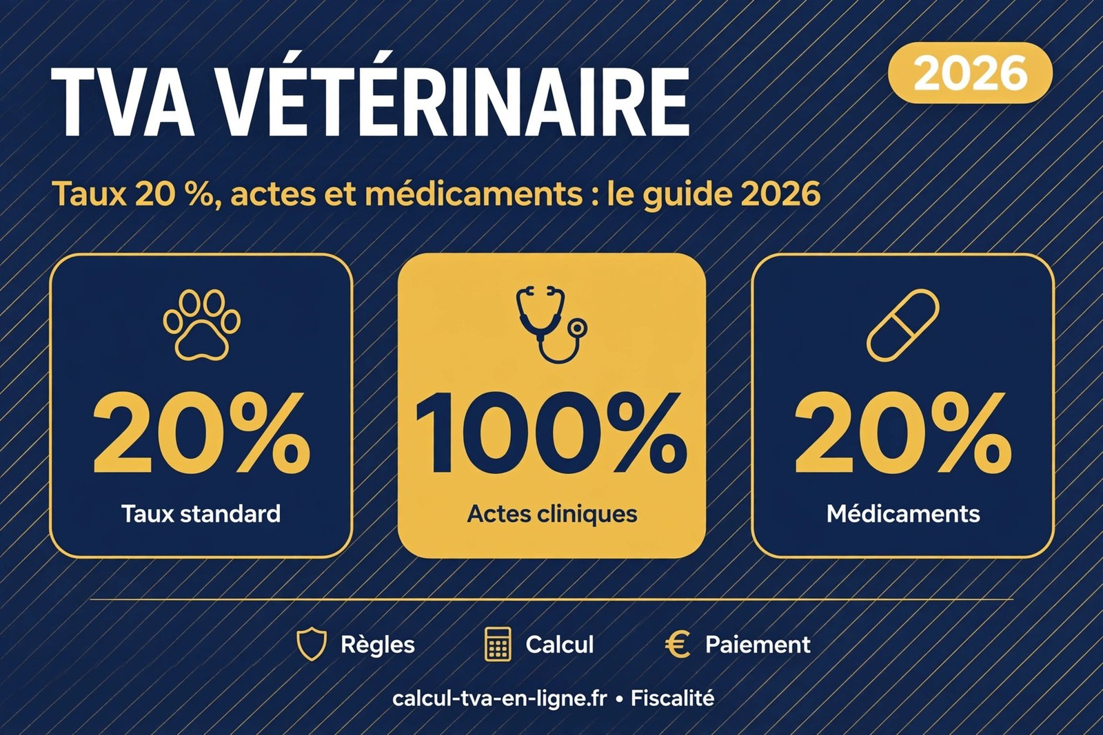 Infographie TVA vétérinaire : taux 20 %, actes et médicaments, guide 2026